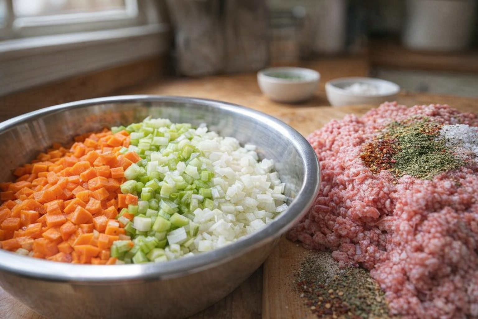 Close up shot of diced carrots, celery, and onions in a stainless steel bowl next to ground meat and spices on a wooden countertop with natural window light